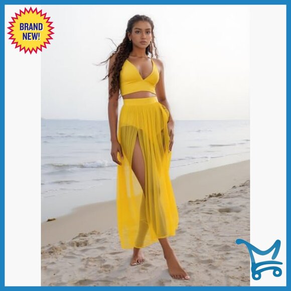 Chiffon 2-Piece Maxi Dress Set Deep V Neck Backless Crop Top High Split - Picture 5 of 7